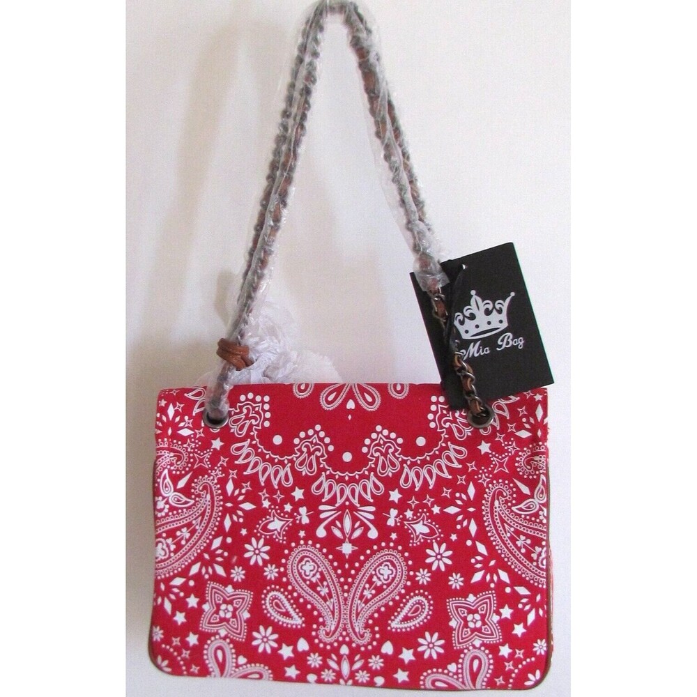 DESIGNER MIA BAG RED & WHITE BANDANA PRINT WHITE POM-POM CHARM CHAIN BAG - Picture 4 of 16